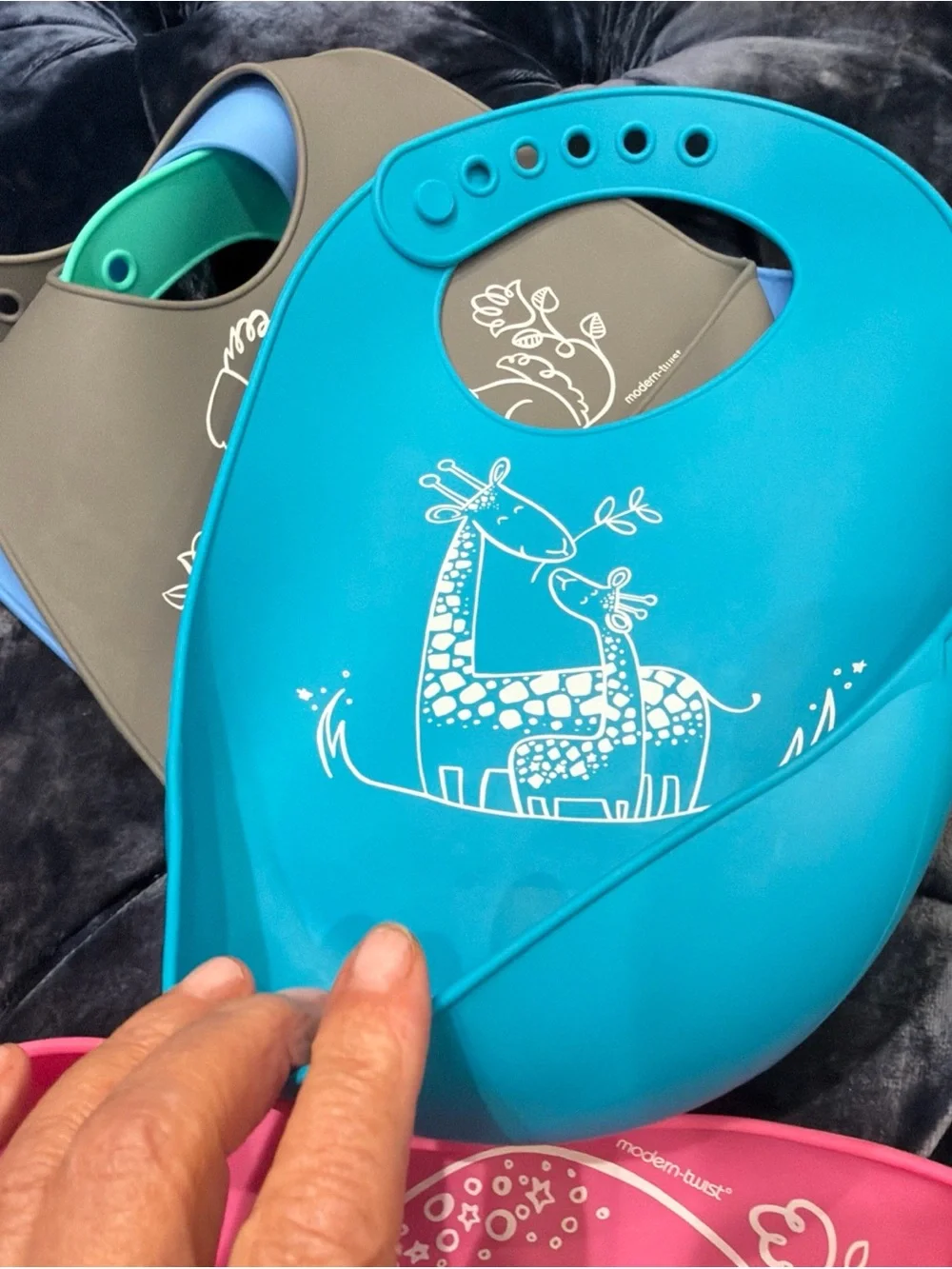 Green Silicone Baby Bib with Bear Fishing Print